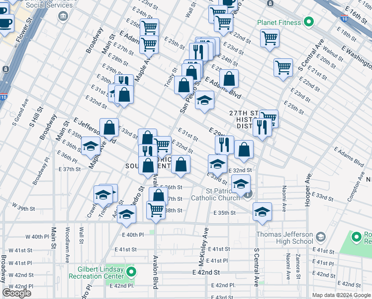 map of restaurants, bars, coffee shops, grocery stores, and more near 748 1/2 East 32nd Street in Los Angeles