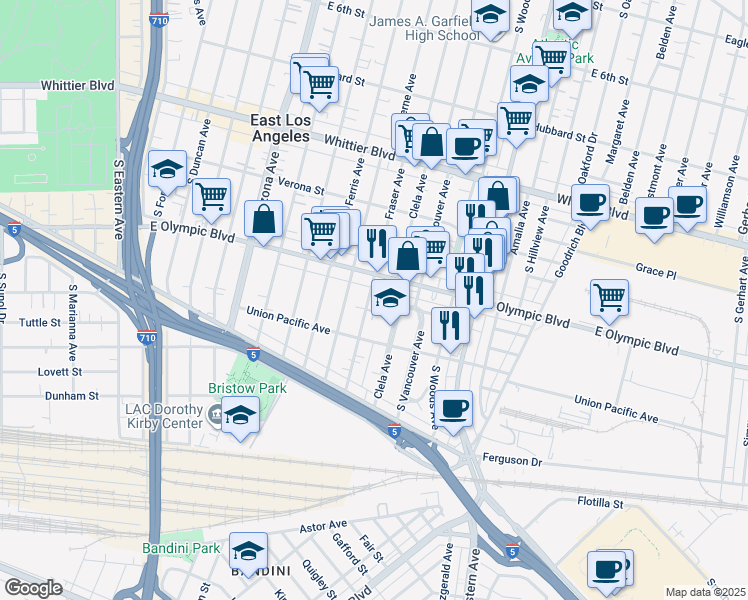 map of restaurants, bars, coffee shops, grocery stores, and more near 1234 Fraser Avenue in East Los Angeles