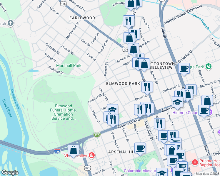 map of restaurants, bars, coffee shops, grocery stores, and more near 2425 Clark Street in Columbia
