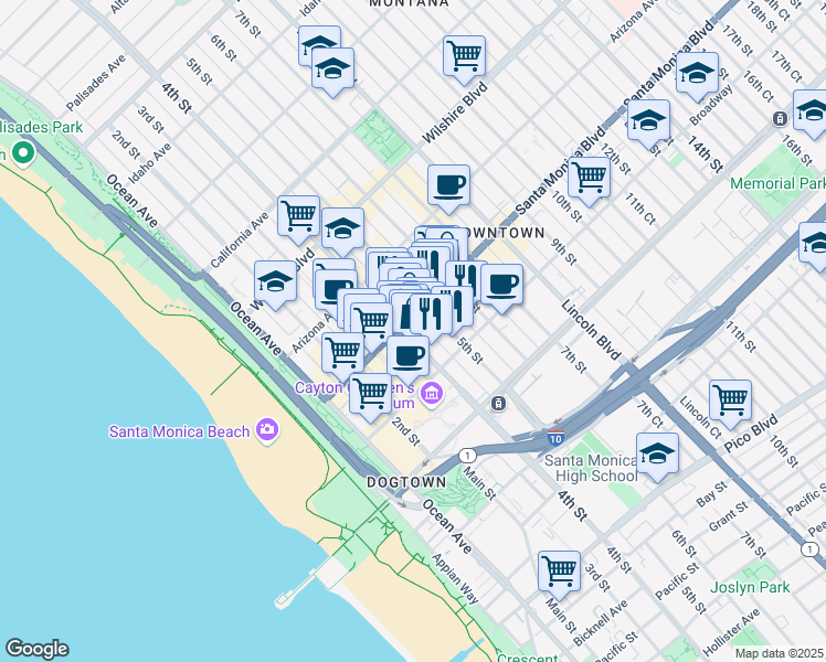 map of restaurants, bars, coffee shops, grocery stores, and more near in Santa Monica