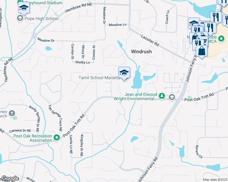 map of restaurants, bars, coffee shops, grocery stores, and more near 2722 Twin Leaf Trail in Marietta