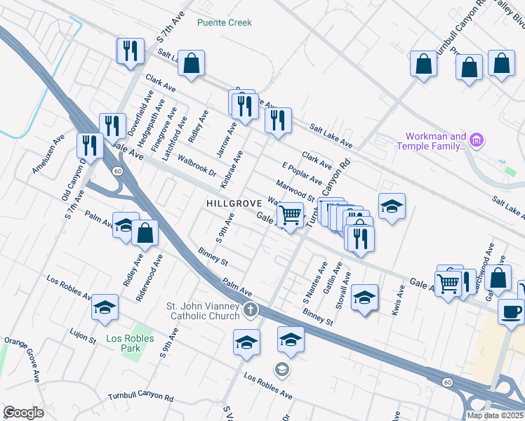 map of restaurants, bars, coffee shops, grocery stores, and more near 15045 East Gale Avenue in Hacienda Heights