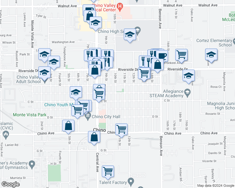 map of restaurants, bars, coffee shops, grocery stores, and more near 13049 10th Street in Chino