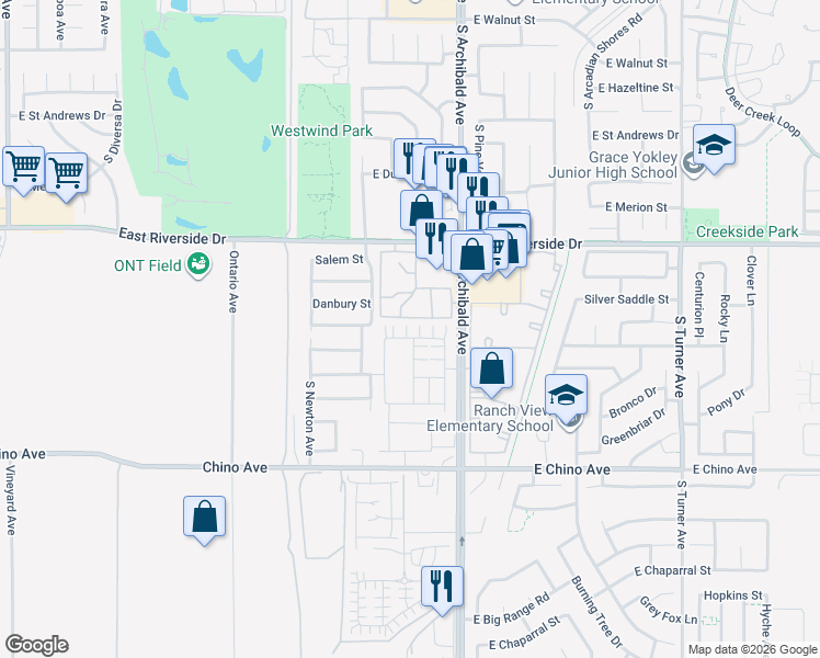 map of restaurants, bars, coffee shops, grocery stores, and more near 2673 Cloudview Privado in Ontario