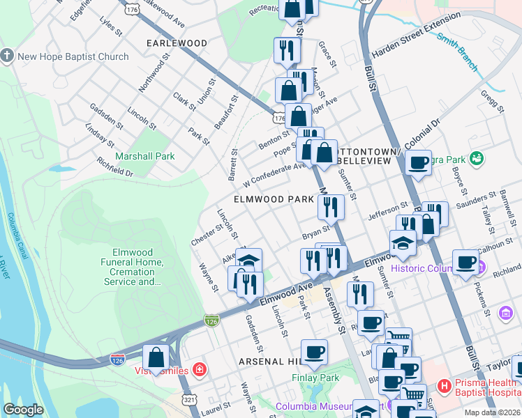 map of restaurants, bars, coffee shops, grocery stores, and more near 2425 Clark Street in Columbia