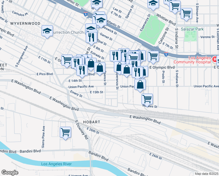 map of restaurants, bars, coffee shops, grocery stores, and more near 3522 Union Pacific Avenue in Los Angeles