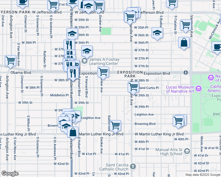 map of restaurants, bars, coffee shops, grocery stores, and more near 1408 West 38th Street in Los Angeles