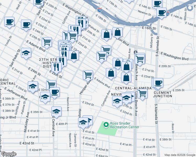 map of restaurants, bars, coffee shops, grocery stores, and more near 1325 East Adams Boulevard in Los Angeles