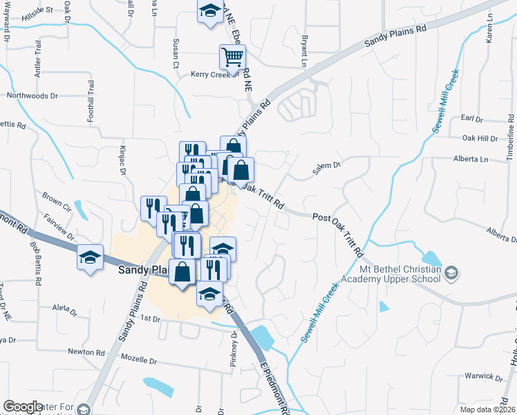 map of restaurants, bars, coffee shops, grocery stores, and more near 2140 Post Oak Tritt Road in Marietta