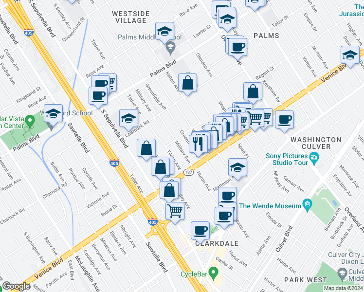 map of restaurants, bars, coffee shops, grocery stores, and more near 3720 Military Avenue in Los Angeles
