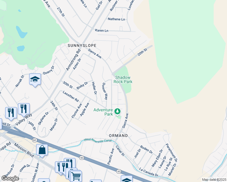 map of restaurants, bars, coffee shops, grocery stores, and more near 2892 Winter Park Avenue in Riverside