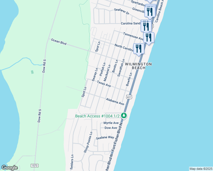 map of restaurants, bars, coffee shops, grocery stores, and more near 503 Texas Avenue in Carolina Beach