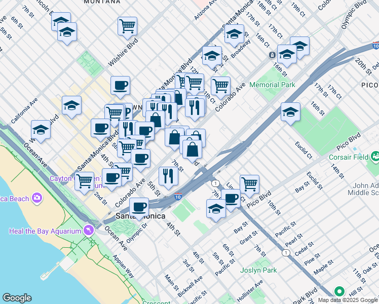 map of restaurants, bars, coffee shops, grocery stores, and more near 1625 Lincoln Boulevard in Santa Monica