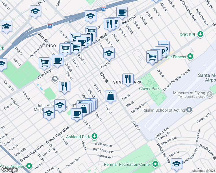 map of restaurants, bars, coffee shops, grocery stores, and more near 2449 23rd Court in Santa Monica