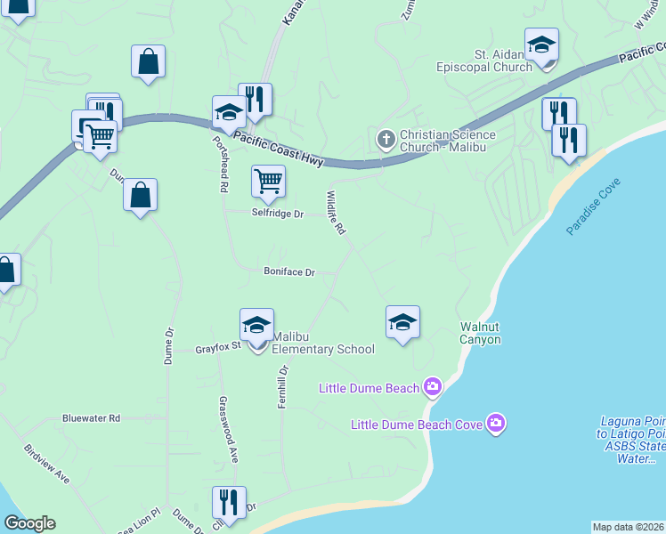 map of restaurants, bars, coffee shops, grocery stores, and more near 6685 Wildlife Road in Malibu