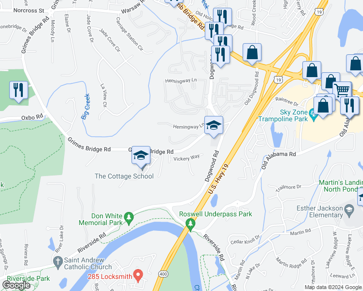 map of restaurants, bars, coffee shops, grocery stores, and more near 1045 Chelsey Way in Roswell