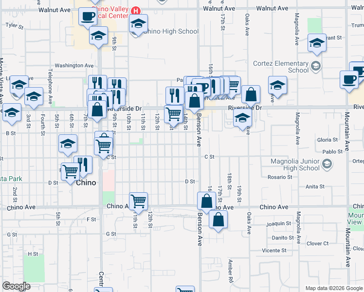 map of restaurants, bars, coffee shops, grocery stores, and more near 13009 13th Street in Chino