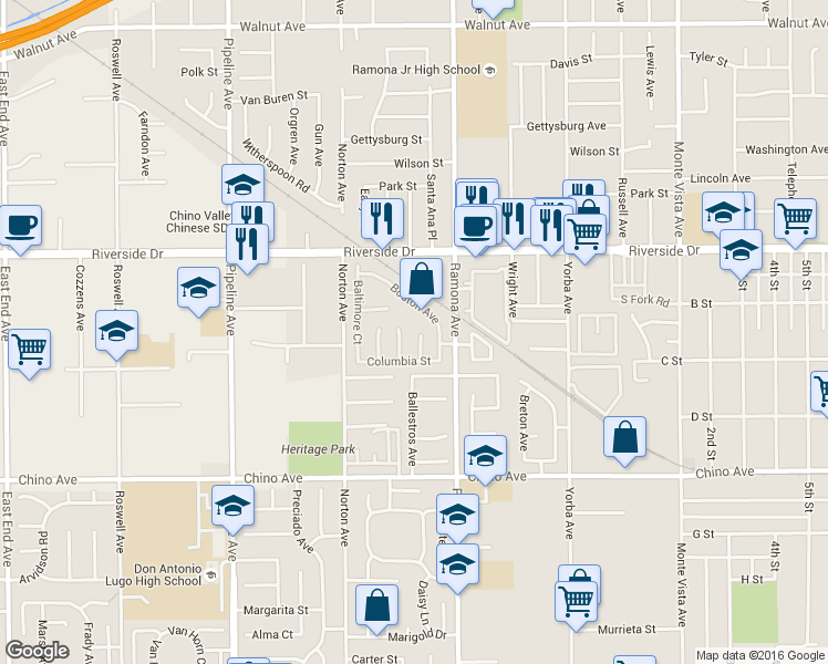 map of restaurants, bars, coffee shops, grocery stores, and more near 13044 Harrisburg Court in Chino