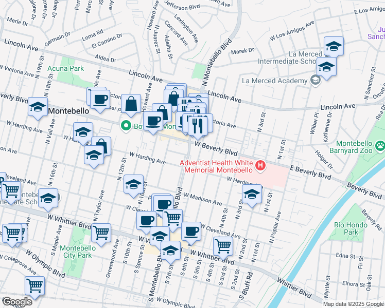 map of restaurants, bars, coffee shops, grocery stores, and more near 800 West Beverly Boulevard in Montebello