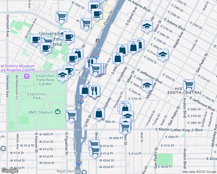 map of restaurants, bars, coffee shops, grocery stores, and more near 3600 South Hill Street in Los Angeles