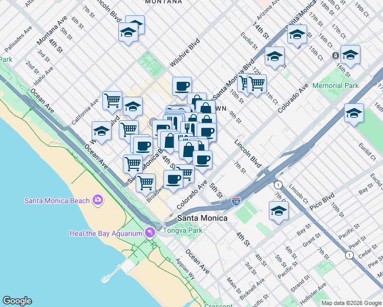 map of restaurants, bars, coffee shops, grocery stores, and more near 501 Broadway in Santa Monica