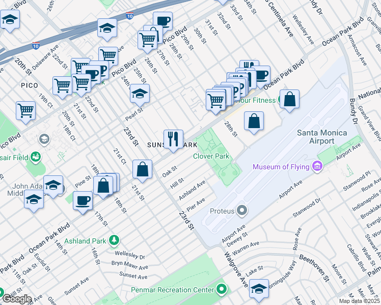 map of restaurants, bars, coffee shops, grocery stores, and more near 2453 Oak Street in Santa Monica
