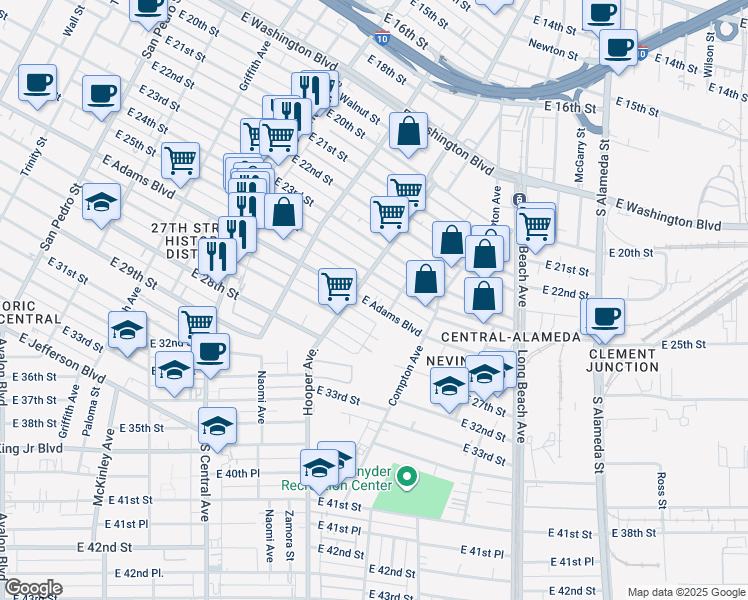 map of restaurants, bars, coffee shops, grocery stores, and more near 2502 Hooper Avenue in Los Angeles