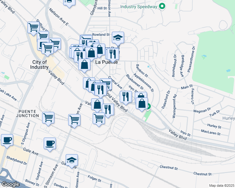 map of restaurants, bars, coffee shops, grocery stores, and more near 16146 Central Avenue in La Puente