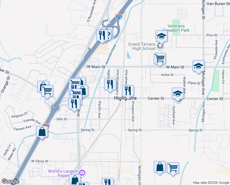 map of restaurants, bars, coffee shops, grocery stores, and more near Commercial Avenue in Riverside