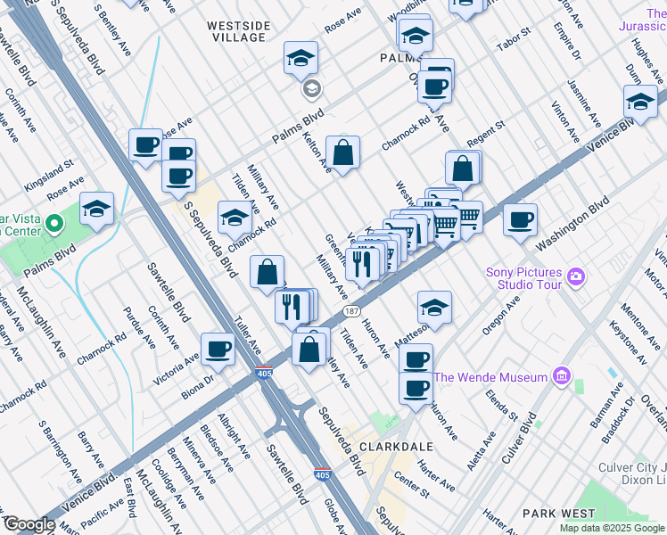 map of restaurants, bars, coffee shops, grocery stores, and more near 3720 Military Avenue in Los Angeles