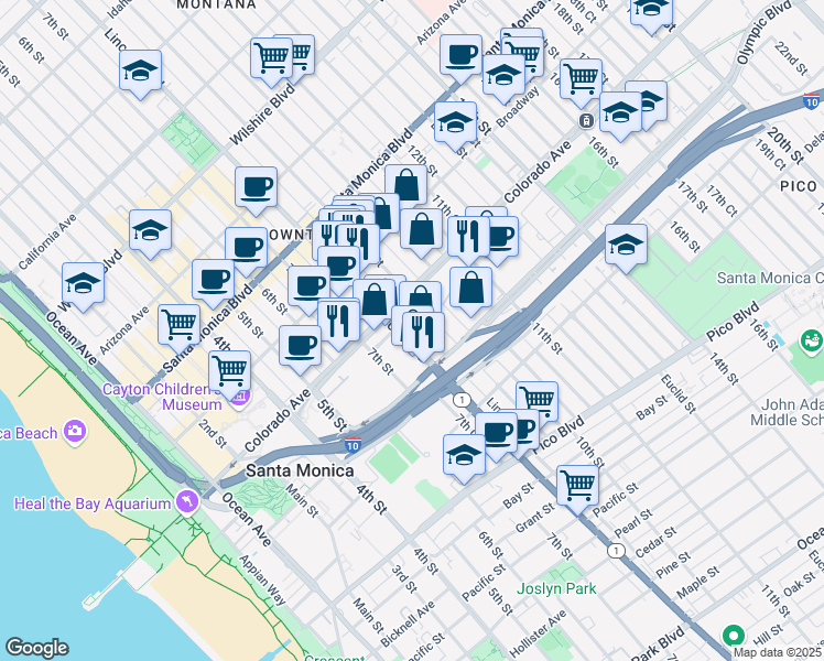 map of restaurants, bars, coffee shops, grocery stores, and more near 1631 9th Street in Santa Monica
