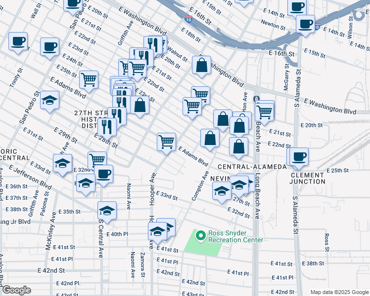 map of restaurants, bars, coffee shops, grocery stores, and more near 2502 Hooper Avenue in Los Angeles