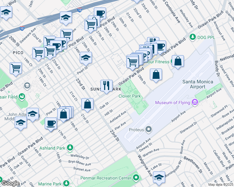 map of restaurants, bars, coffee shops, grocery stores, and more near 2453 Oak Street in Santa Monica