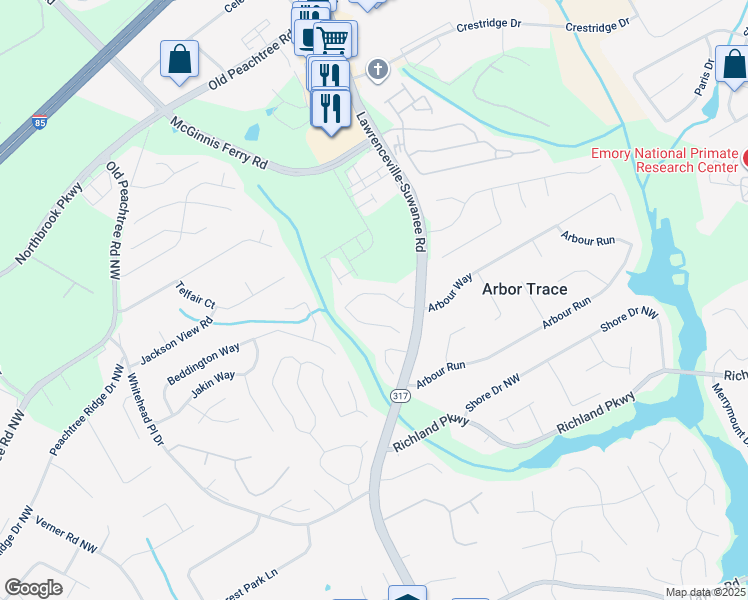 map of restaurants, bars, coffee shops, grocery stores, and more near 528 Arbour Way in Suwanee