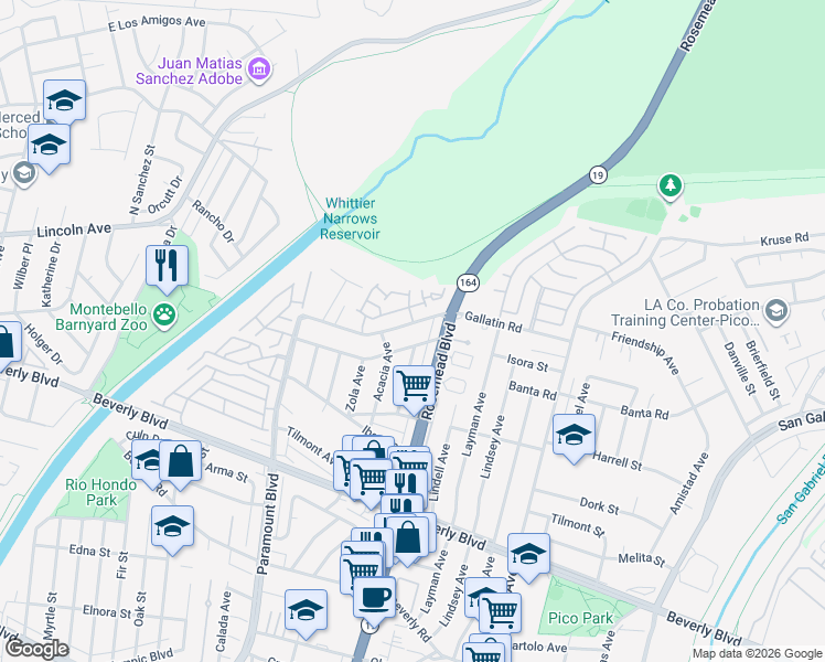 map of restaurants, bars, coffee shops, grocery stores, and more near 8946 Gallatin Road in Pico Rivera