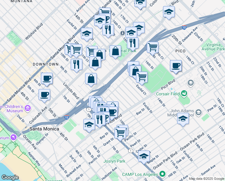 map of restaurants, bars, coffee shops, grocery stores, and more near in Santa Monica