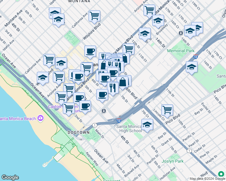 map of restaurants, bars, coffee shops, grocery stores, and more near 1537 7th Street in Santa Monica