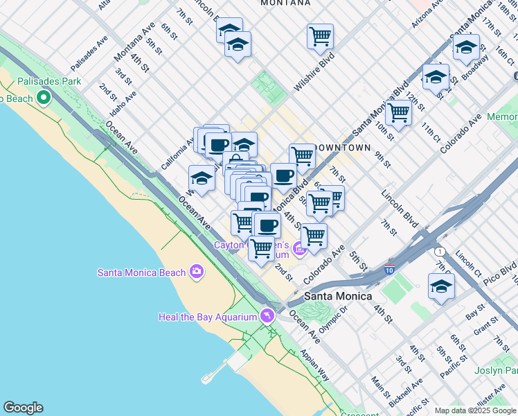 map of restaurants, bars, coffee shops, grocery stores, and more near 230 Arizona Avenue in Santa Monica