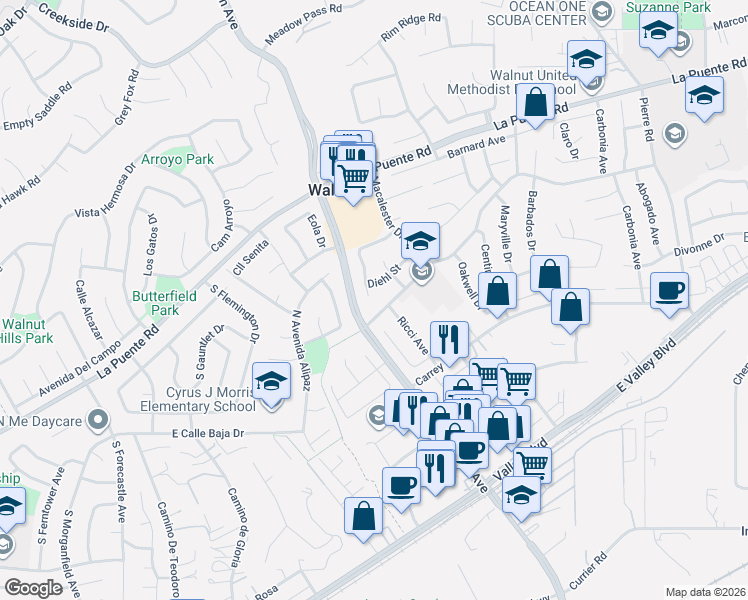 map of restaurants, bars, coffee shops, grocery stores, and more near 153 North Dommer Avenue in Walnut