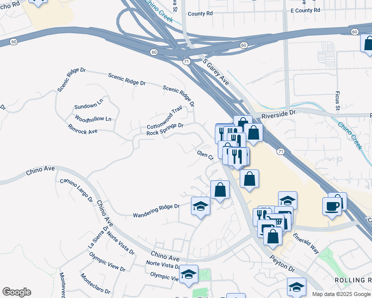 map of restaurants, bars, coffee shops, grocery stores, and more near 2586 Highgate Court in Chino Hills