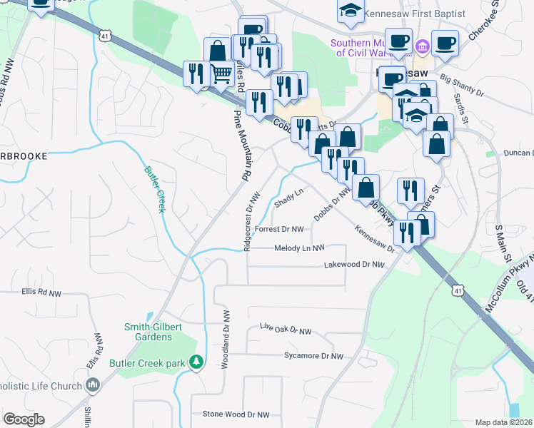 map of restaurants, bars, coffee shops, grocery stores, and more near 1003 Shady Lane in Kennesaw