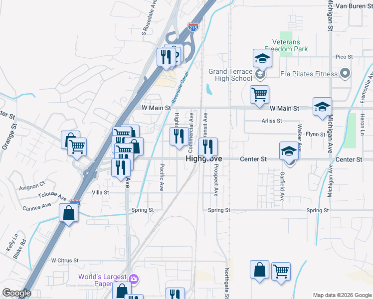 map of restaurants, bars, coffee shops, grocery stores, and more near 215 Commercial Avenue in Riverside