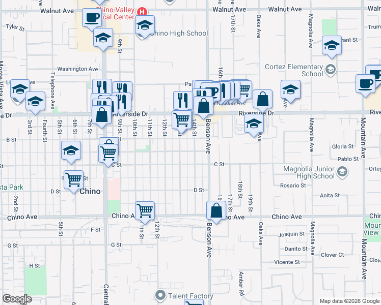 map of restaurants, bars, coffee shops, grocery stores, and more near 13009 13th Street in Chino