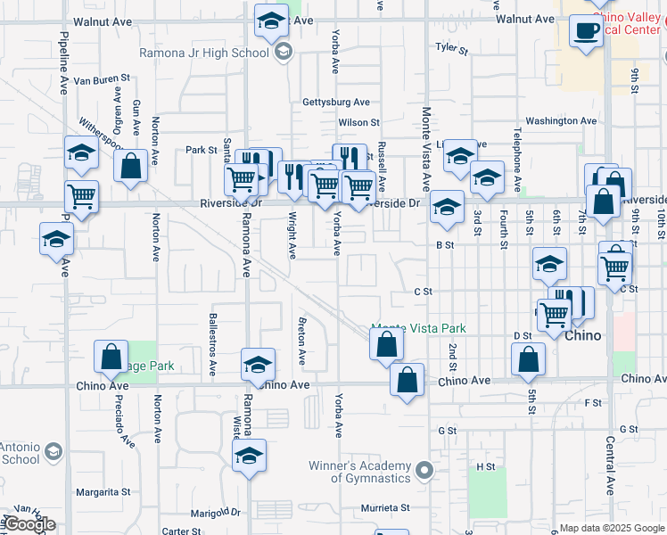 map of restaurants, bars, coffee shops, grocery stores, and more near 4718 Oceanside Drive in Chino