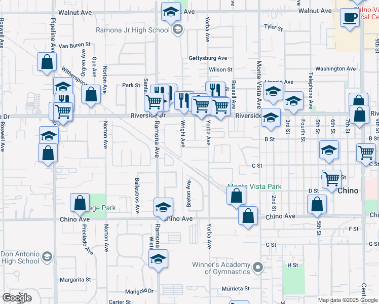 map of restaurants, bars, coffee shops, grocery stores, and more near 4650 Oceanside Drive in Chino