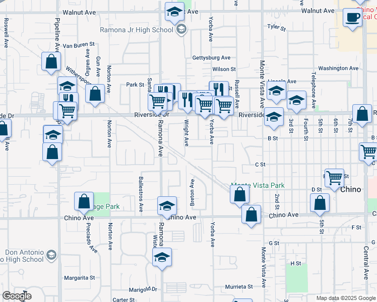 map of restaurants, bars, coffee shops, grocery stores, and more near 12957 Ramona Avenue in Chino