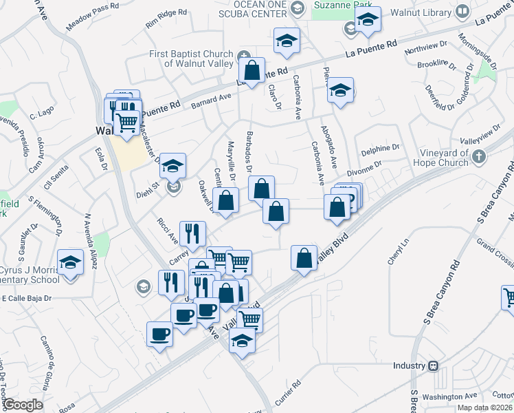 map of restaurants, bars, coffee shops, grocery stores, and more near 20543 Fuero Drive in Walnut