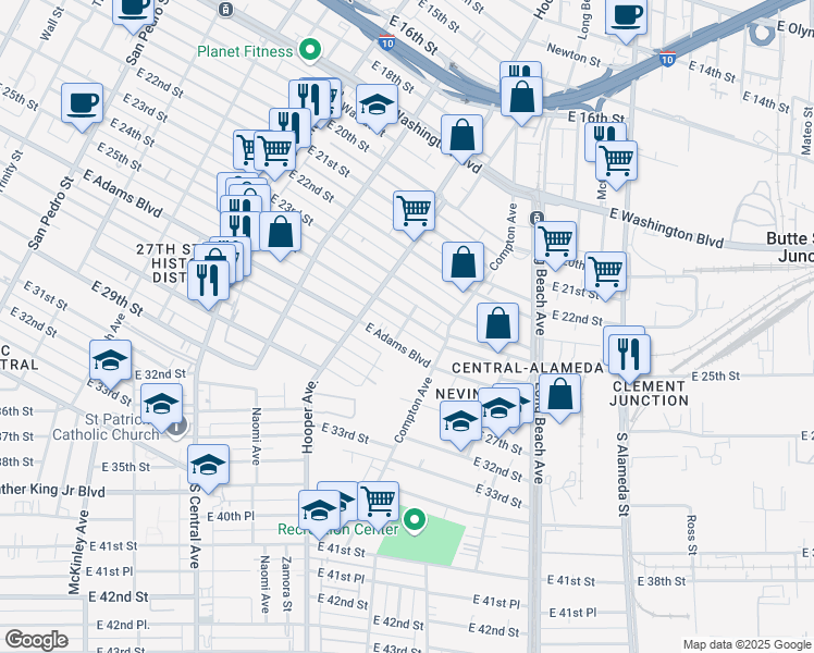 map of restaurants, bars, coffee shops, grocery stores, and more near 1441 East 25th Street in Los Angeles