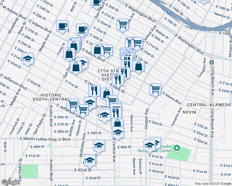 map of restaurants, bars, coffee shops, grocery stores, and more near 1018 East 28th Street in Los Angeles