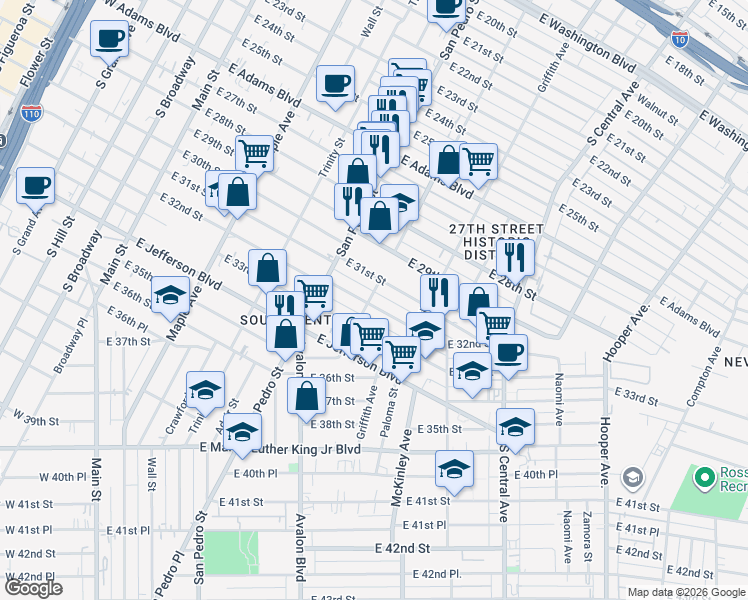 map of restaurants, bars, coffee shops, grocery stores, and more near 807 East 31st Street in Los Angeles